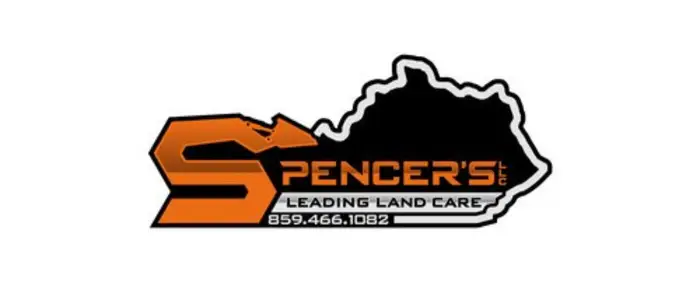 Spencer's Leading Land Care logo with an orange 'S', a black land outline, and the phone number 859.466.1082.
