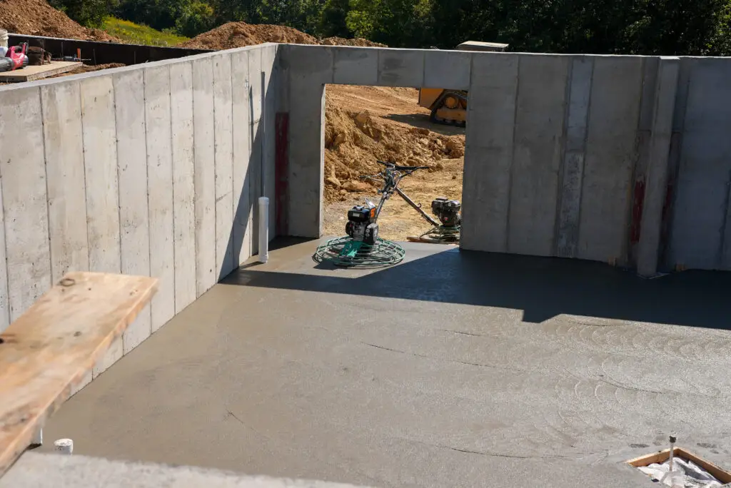 finished-basement-floor-power-trowels-daylight-spencers - Spencer's Outdoor Solutions - Spencer's Outdoor Solutions Two walk-behind power trowels resting in a basement foundation doorway after Spencer's crew finished the concrete floor