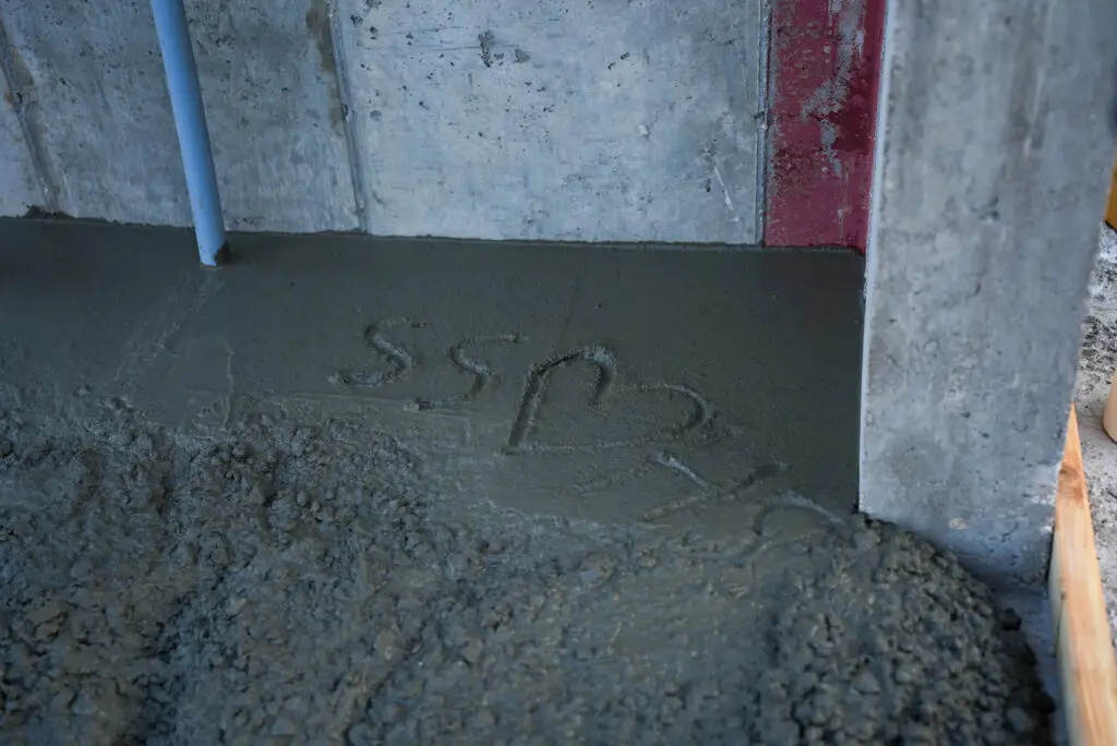 Freshly poured concrete on a construction site, with a blue pipe, a red beam, and wooden formwork along a concrete wall.